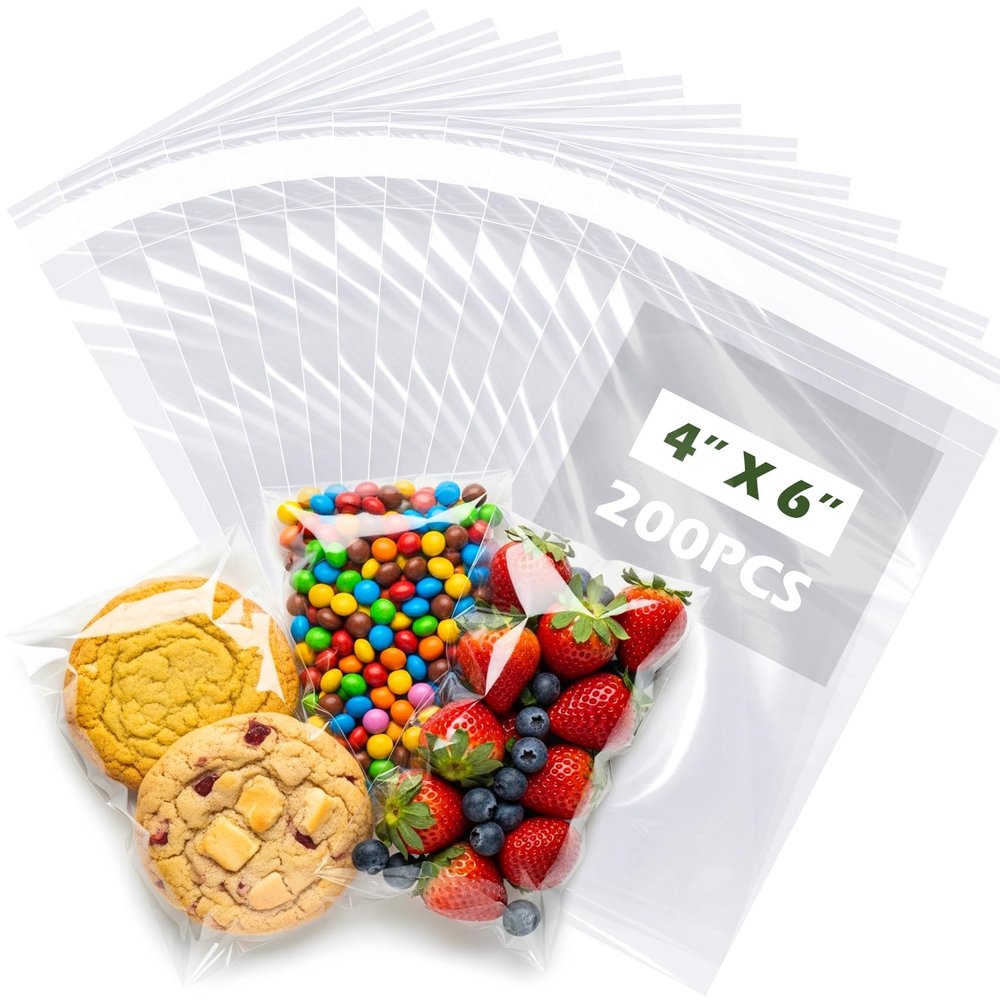 4x6" Self-Sealing Clear Cellophane Bags 3.1 Mil Thick Resealable Cello Bags for Cookies, Candy, Snacks, Small Jewelry, Greeting Cards, Crafts & Party Favors (Pack of 200)
