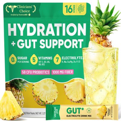 Venture Pal 2-in-1 Hydration Packets + Gut Health Electrolytes Powder - 7 Electrolytes & 5 Vitamins, Probiotics - Sugar Free Liquid Daily IV Drink Mix for Dehydration Relief | Non-GMO | 16 Sticks