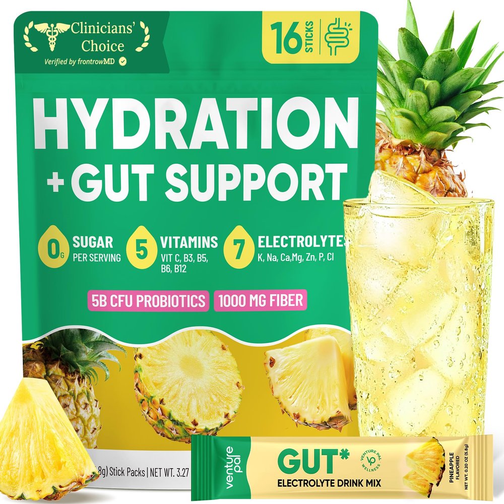 Venture Pal 2-in-1 Hydration Packets + Gut Health Electrolytes Powder - 7 Electrolytes & 5 Vitamins, Probiotics - Sugar Free Liquid Daily IV Drink Mix for Dehydration Relief | Non-GMO | 16 Sticks