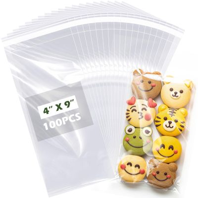 4x9" Self-Sealing Clear Cellophane Bags 3.1 Mil Thick Resealable Cello Bags for Cookies, Candy, Snacks, Small Jewelry, Greeting Cards, Crafts & Party Favors (Pack of 100)
