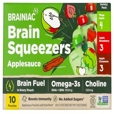 Brainiac, Brain Squeezers Applesauce Variety Pack, 10 Count