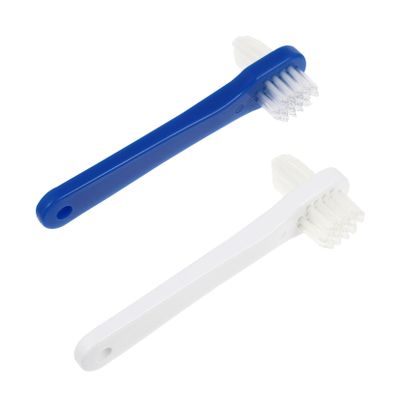 Mikinona 2pcs Dual Head Denture Cleaning Brushes with Large Multi Tufted and Angle Trimmed Heads for False Teeth Care Firm Nylon Bristles White Blue
