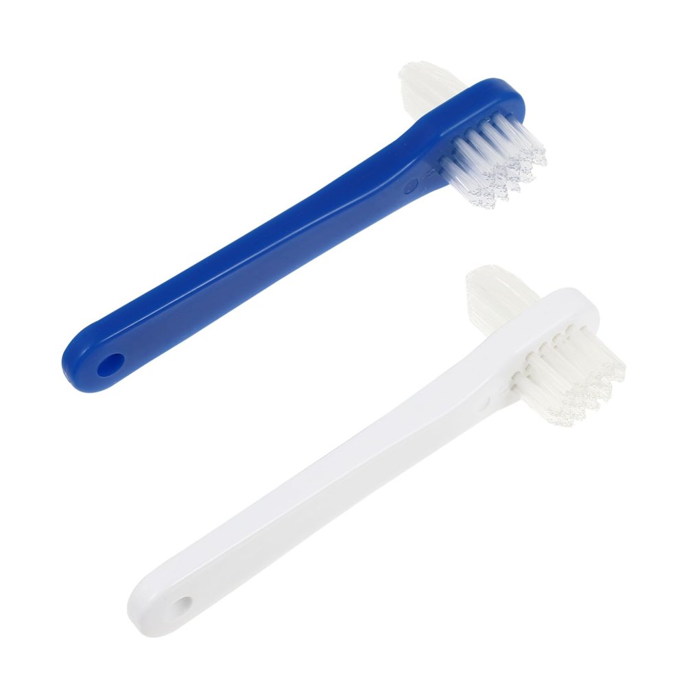 Mikinona 2pcs Dual Head Denture Cleaning Brushes with Large Multi Tufted and Angle Trimmed Heads for False Teeth Care Firm Nylon Bristles White Blue