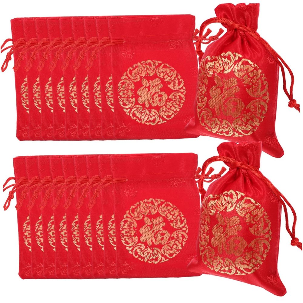 PLAFOPE 20pcs Chinese Year Silk Candy Drawstring Bags Fortune Pouches for Jewelry Gifts Snacks Small Items Storage Spring Festival Gift Wrapping