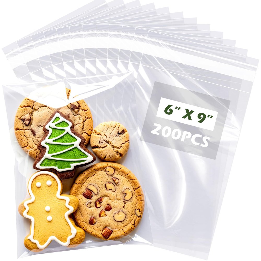 6x9" Self-Sealing Clear Cellophane Bags 3.1 Mil Thick Resealable Cello Bags for Cookies, Candy, Snacks, Small Jewelry, Greeting Cards, Crafts & Party Favors (Pack of 200)