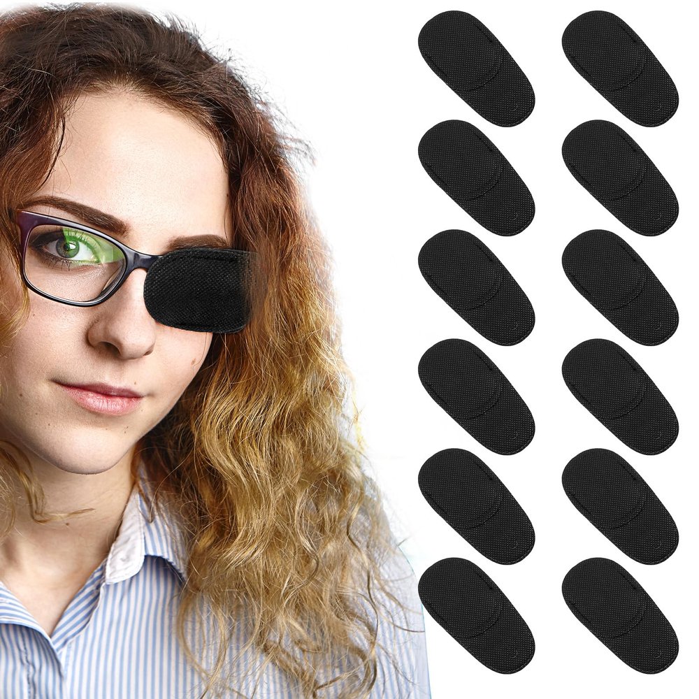 12Pcs Eye Patches Comfortable Left or Right Single Eye Patches Professional Medical One Eye Cover Reusable Black Soft Single Eye Patches for Eyeglass Treat Lazy Amblyopia Strabismus Adults Girls Boys