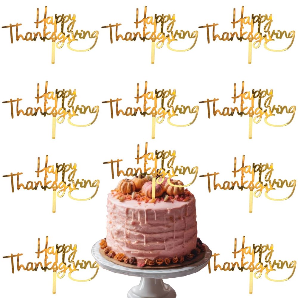 10 Pcs Happy Thanksgiving Cake Topper Fall Theme Cake Decoration Acrylic Gold Cupcake Topper Cake Picks Desserts Decor for Thanksgiving Day Autumn Wedding Birthday Party Supplies