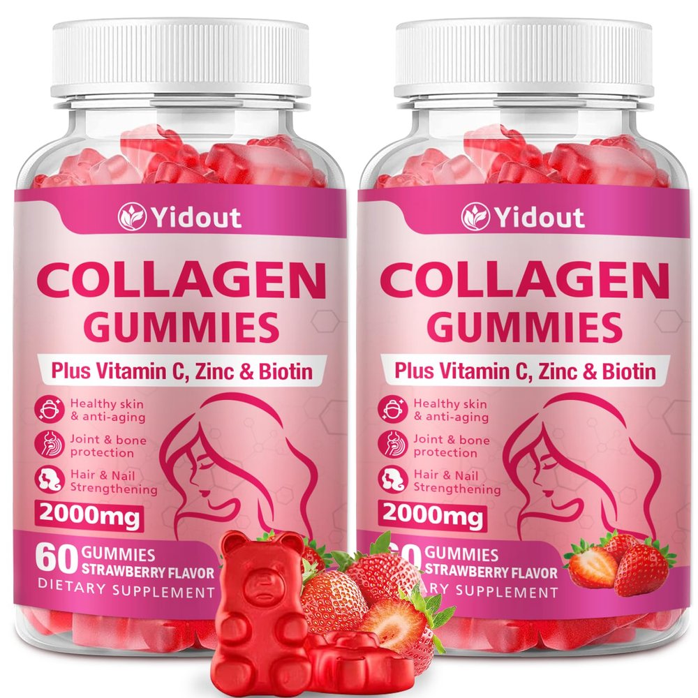 Yidout Collagen with Vitamin C, Vitamin E and Biotin Gummies - 500mg Collagen Peptides for Hair Skin & Nails Support for Men & Women, Beauty Formula Supplement, Strawberry Flavor, 60 Count (Pack of 2)