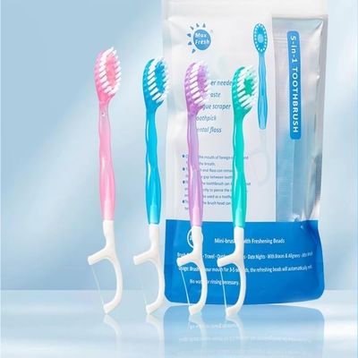 5-in-1 Travel Toothbrush Set: Brush/Floss/Tongue Scraper/Toothpick/Paste, Mint Flavor, Portable(1pc)