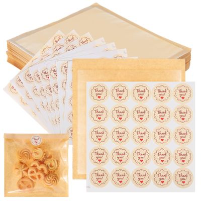 ULTECHNOVO 200 Pcs Bakery Bags with Window - 7.1 x 7.5 Inches Cookie Packaging Bags with Seal - Grease Resistant - Kraft Paper Food Pouches Treat with Stickers for Donut, Cake Slice, Scone