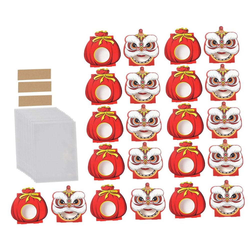 LOEFLIFA Chinese Year Candy Box with Festive Lion Shaped Paper Boxes Includes Opp Bags and Twisting Ties Vibrant Festival Gift Packaging for Party Treats and Homemade Sweets