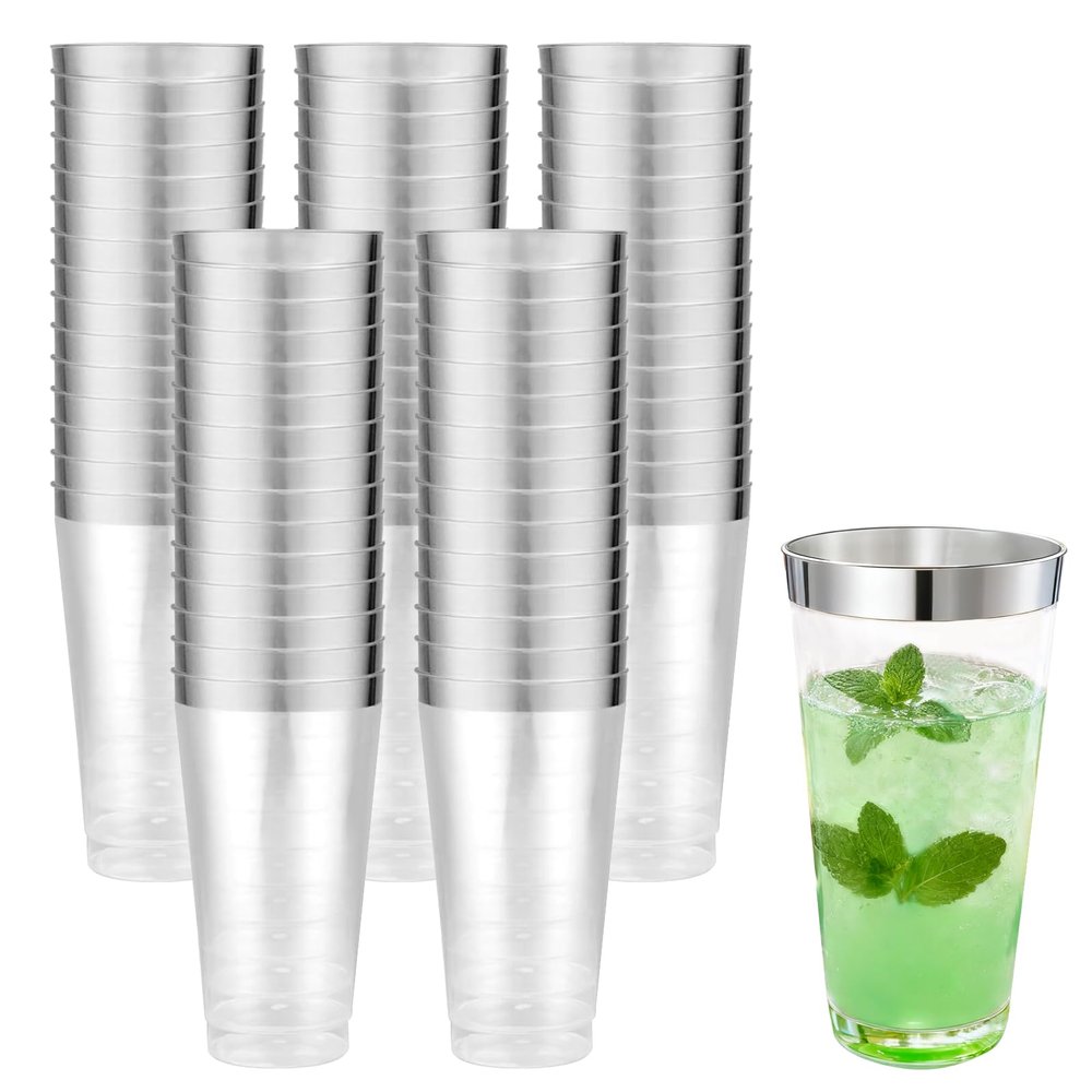 100 Pcs Silver Rimmed Plastic Tumblers - 16 oz Clear and Silver Rim Plastic Wine Cups, Big Size Fancy Disposable Party Cup Beverage Drinking Cup for Easter, St. Patrick's Day, Party, Wedding