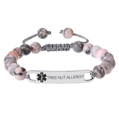 Emergency Medical Bracelets Adjustable Tree Nut Allergy Pink Zebra Stone Beaded Crystal Bracelet Birthday Gifts for Men, 7" to 11.5"