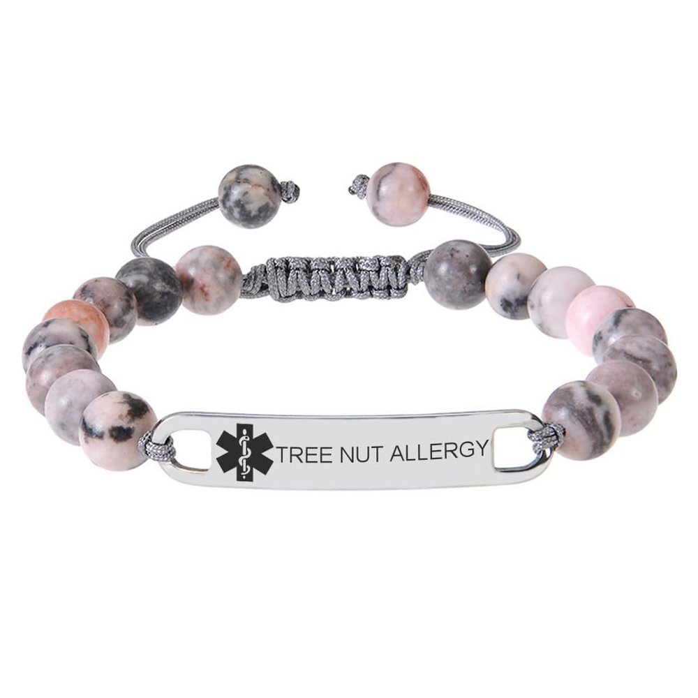 Emergency Medical Bracelets Adjustable Tree Nut Allergy Pink Zebra Stone Beaded Crystal Bracelet Birthday Gifts for Men, 7" to 11.5"