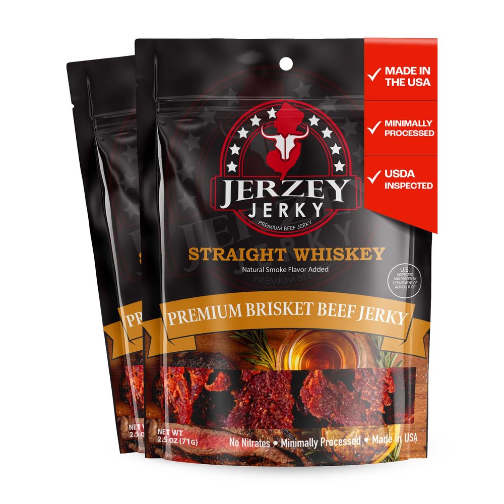 Jerzey Jerky Straight Whiskey Brisket Jerky 2.5oz (2 Pack) High Protein, Gluten Free and Healthy Beef Snacks with Rich, Authentic Flavor