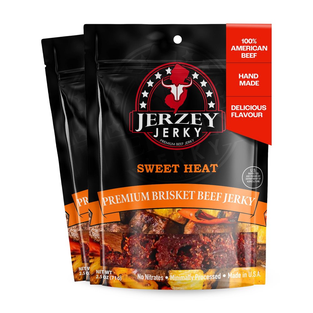 Jerzey Jerky Sweet Heat Brisket Jerky 2.5oz (2 Pack) High Protein, Gluten Free and Healthy Beef Snacks with Rich, Authentic Flavor