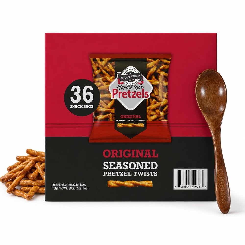 Dots Homestyle Pretzels Original Seasoned Twists 36 Individual 1oz Snack Bags Bold Savory Flavor, Perfect for On-the-Go, Lunches, or Sharing with Candy Freezer Wooden Spoon