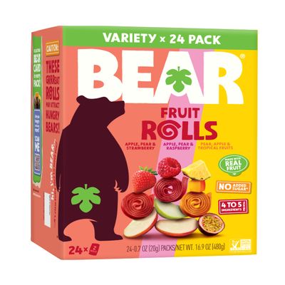 BEAR Real Fruit Snack Rolls - Gluten Free, Vegan, and Non-GMO - Variety Pack (Strawberry, Raspberry, Tropical)) 48 Rolls, Healthy School and Lunch Snacks for Kids and Adults, 0.7 Ounce (Pack of 24)