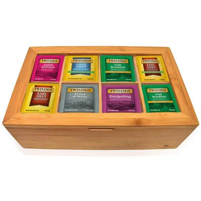 Twinings Tea Sampler Collection 80 Tea Bags, 20 Flavors/Assorted Tea, Gift Set in Decorative Bamboo or MDF Box Tea Organizer Included Ideal for Home, Office, Family & Friends (Bamboo Box)