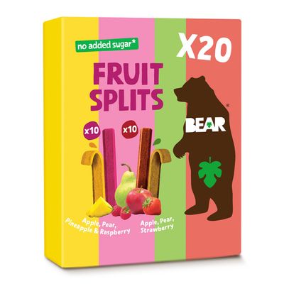 BEAR Real Fruit Snack Splits - Gluten Free, Vegan, and Non-GMO - Variety Pack (Apple/Strawberry, Raspberry/Pineapple) Healthy School And Lunch Snacks For Kids And Adults, 0.7 Ounce (Pack of 20)
