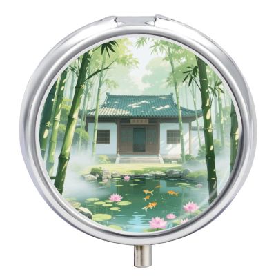Nutritional Supplement Box Bamboo Forest Temples Printed Daily Portion Box Portable Three Compartments Suitable for Travel and Commuting
