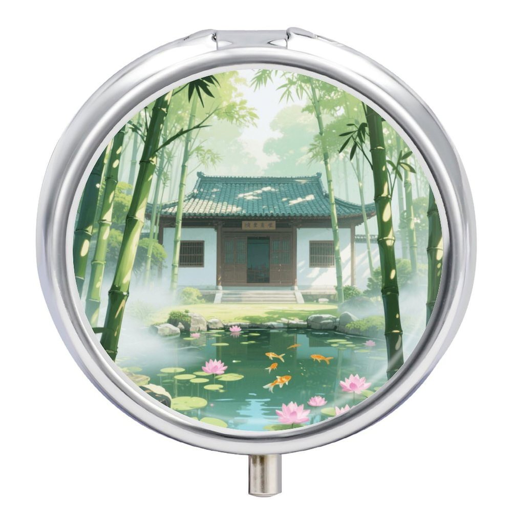 Nutritional Supplement Box Bamboo Forest Temples Printed Daily Portion Box Portable Three Compartments Suitable for Travel and Commuting