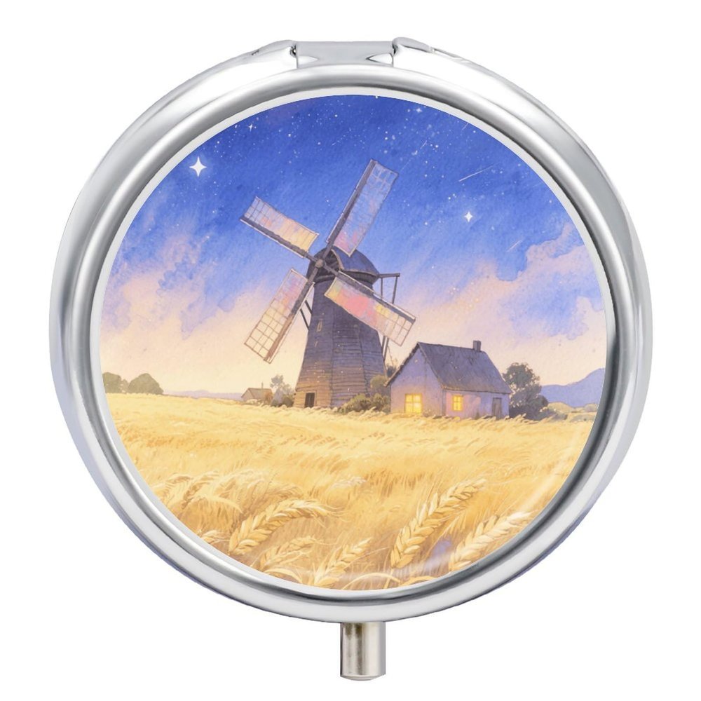Nutritional Supplement Box Village Windmill Printed Daily Portion Box Portable Three Compartments Suitable for Travel and Commuting