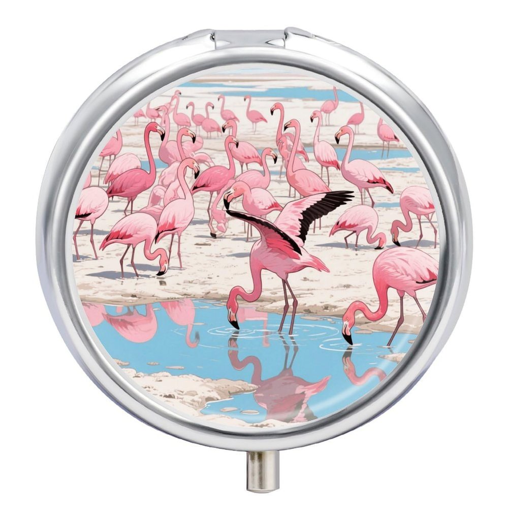 Nutritional Supplement Box Flamingos on The Beach Printed Daily Portion Box Portable Three Compartments Suitable for Travel and Commuting