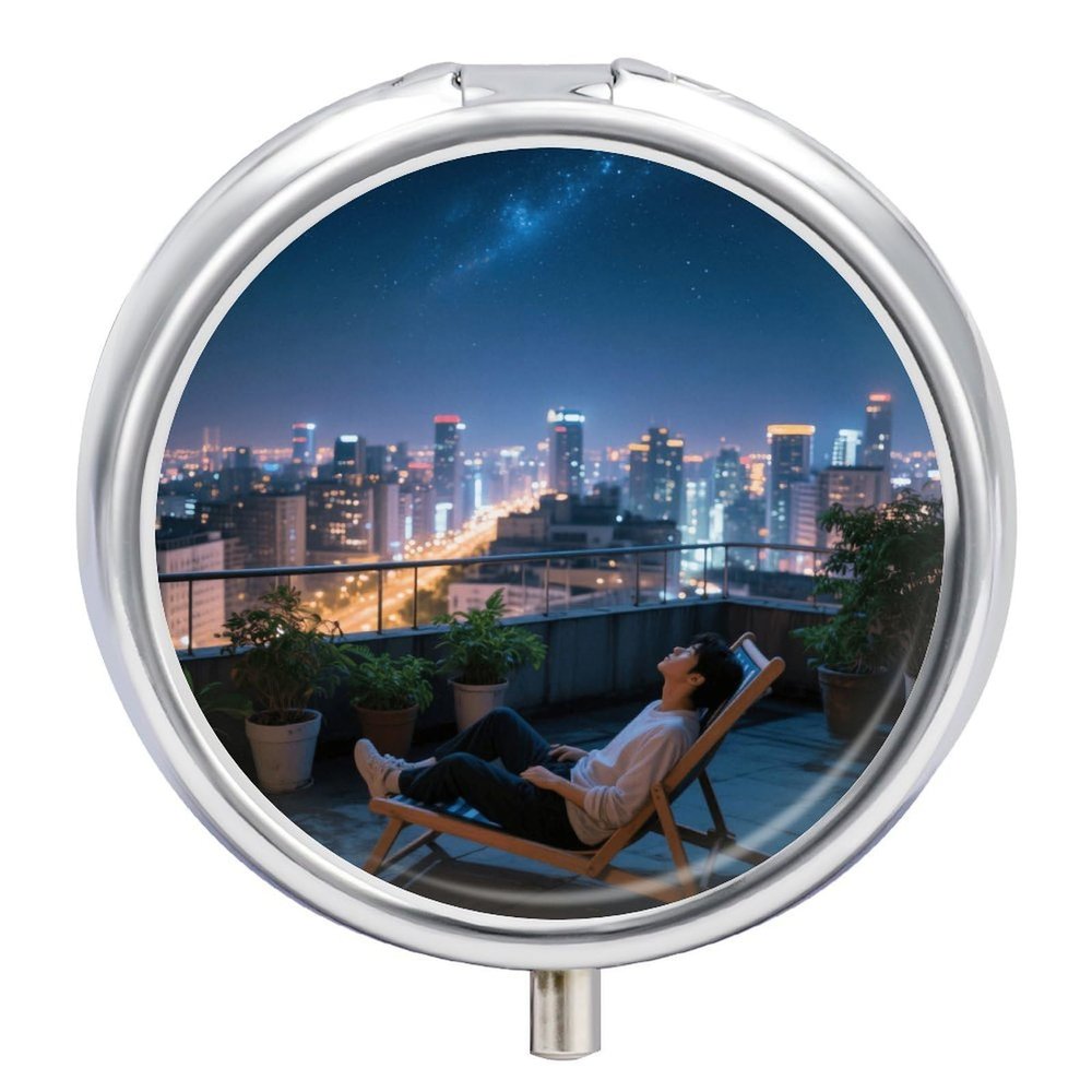 Nutritional Supplement Box Starry Sky City Rooftop Printed Daily Portion Box Portable Three Compartments Suitable for Travel and Commuting