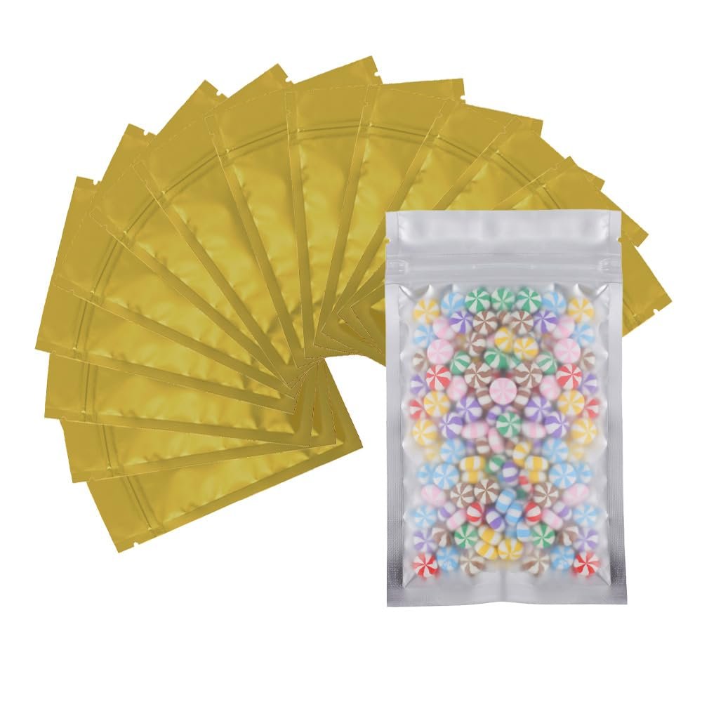 4CP 3.3''x5.1'' Mylar Bags Resealable Packaging, Matte Clear Front, Smell Proof Flat Bags for Food Storage, Waterproof Sealable Foil Pouch for Small Business, Jewelry Bags 100 Pack, Gold