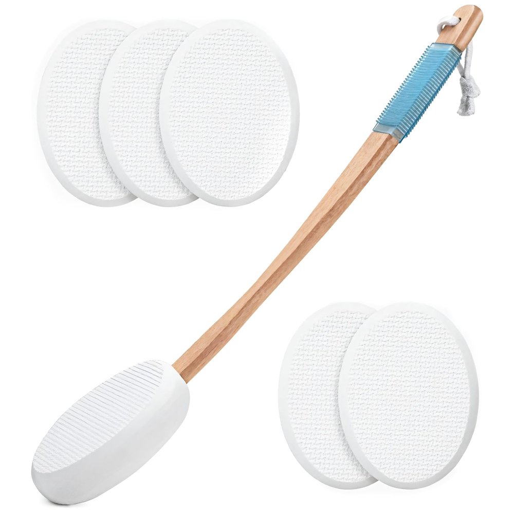 Chewtoyo 7-Piece Lotion Back Applicator Set, Includes Wooden Handle, 6 Sponge Pads, Ideal for Women, Elderly, with Hanging Rope