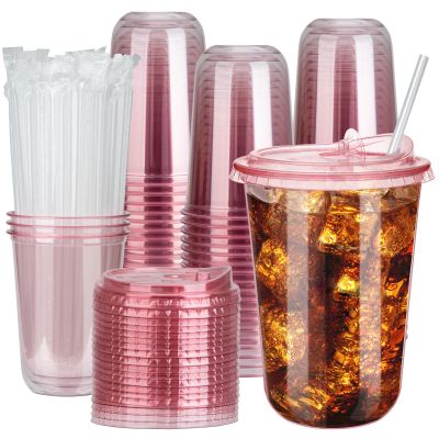 100 Sets 16oz Disposable Stemless Plastic Cups with Strawless Sip Lids, Clear PET Coffee Cups for Iced Coffee, Smoothies, Cold Drinks, Halloween, Christmas, Party and Drink Shop Supplies (Pink (16oz))