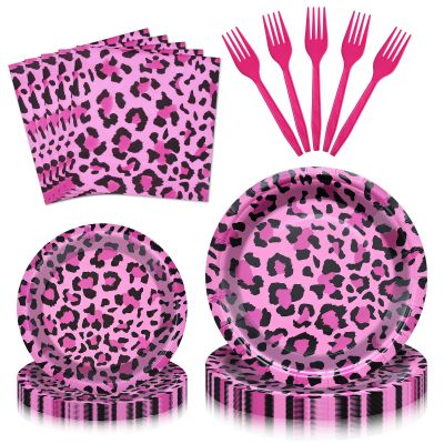 100 Pcs Pink Leopard Print Party Tableware Set Disposable Animal Print Plates, Napkins, and Forks for Wild Birthday Parties, Safari Themes, and Glam Celebrations Serves 25