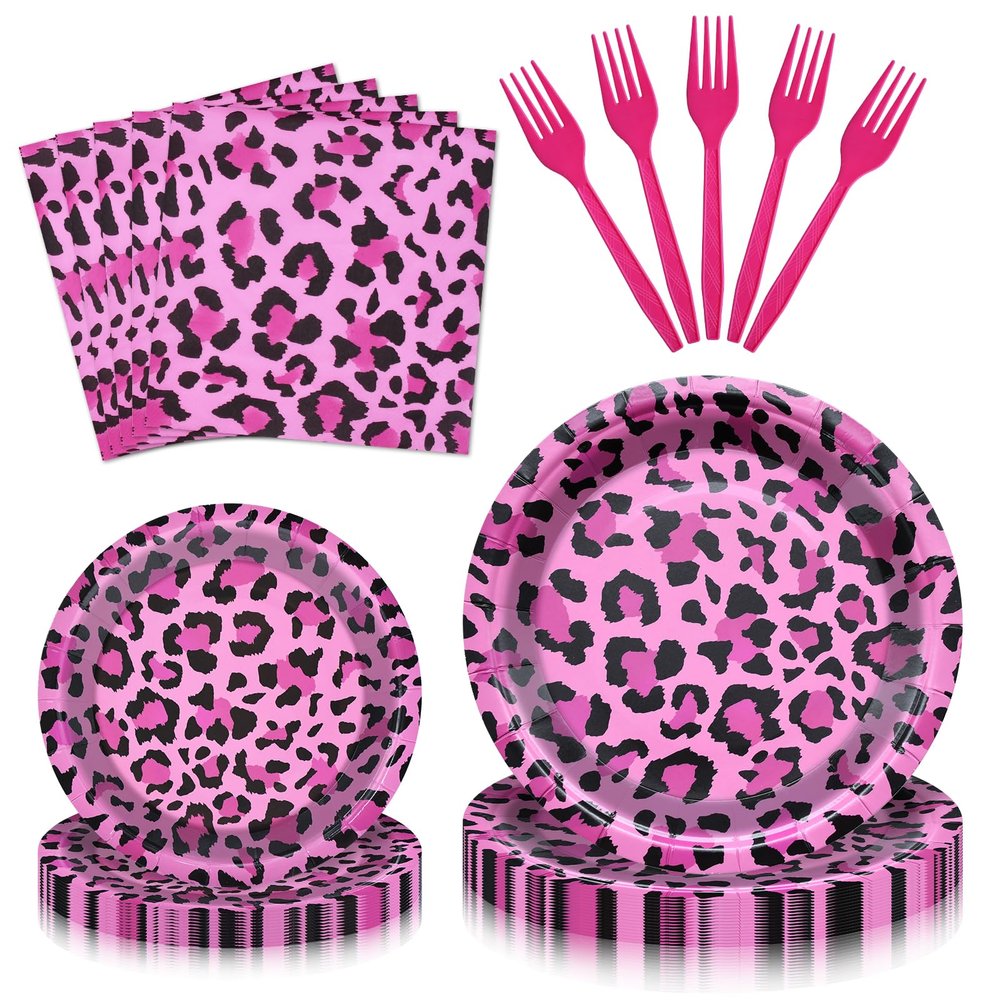 100 Pcs Pink Leopard Print Party Tableware Set Disposable Animal Print Plates, Napkins, and Forks for Wild Birthday Parties, Safari Themes, and Glam Celebrations Serves 25