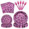 100 Pcs Pink Leopard Print Party Tableware Set Disposable Animal Print Plates, Napkins, and Forks for Wild Birthday Parties, Safari Themes, and Glam Celebrations Serves 25