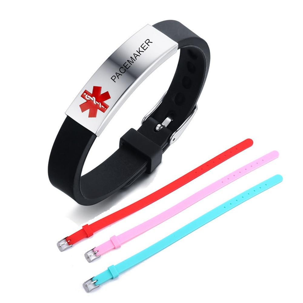 4 Packs PACEMAKER Medical Alert ID Bracelets Set,Sos Emergency Medic Info Wristband for Diabetes,Allergies,Epilepsy,Heart Conditions with 3 More Silicone Belt Bands