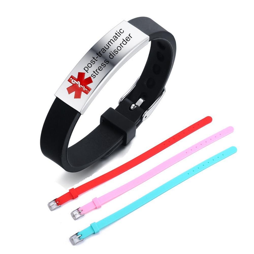 4 Packs PTSD Medical Alert ID Bracelets Set,Sos Emergency Medic Info Wristband for Diabetes,Allergies,Epilepsy,Heart Conditions with 3 More Silicone Belt Bands