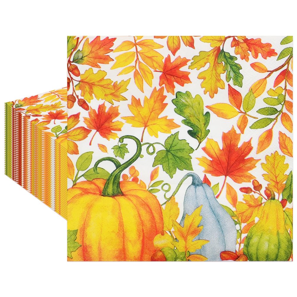 40 Pack Fall Thanksgiving Paper Napkins - 13 x 13 Inches 2-Ply Disposable Pumpkin and Autumn Leaves Luncheon Napkins for Thanksgiving Dinner, Cocktail Party Table Decor