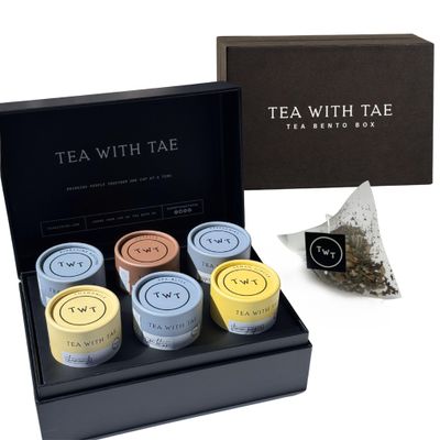Tea Bento Box by Tea with Tae (Caffeine Free) - Luxury Tea Gift Box for all occasions - 6 Premium Blends, 30 Biodegradable, Plant-Based Pyramid Bags (90 Cups) - Eco-Friendly Gift