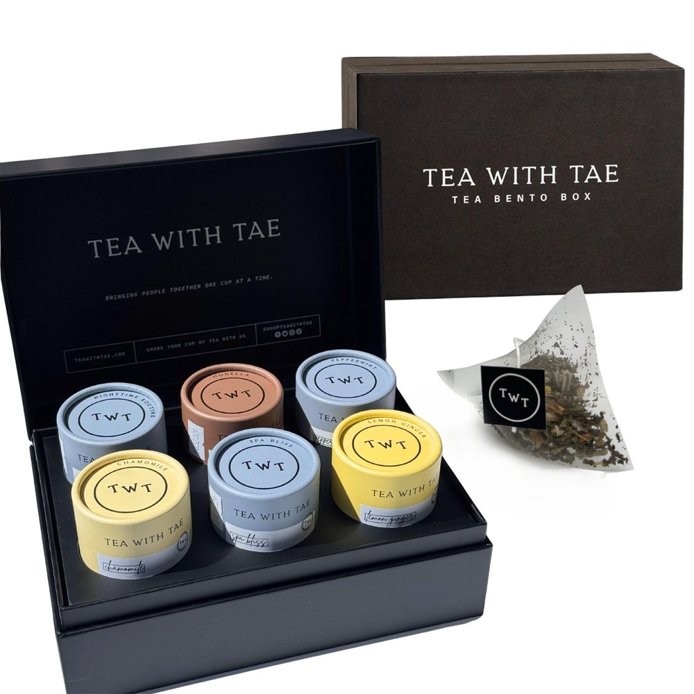 Tea Bento Box by Tea with Tae (Caffeine Free) - Luxury Tea Gift Box for all occasions - 6 Premium Blends, 30 Biodegradable, Plant-Based Pyramid Bags (90 Cups) - Eco-Friendly Gift
