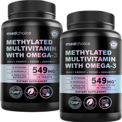 29-in-1 Methylated Multivitamin for Men & Women With Omega 3, Active B12, 5-MTHF Folate, Plus Vitamins & Minerals Energy, Clarity, & Wellness Support Multivitamin for Men & Women, 70 Tablets, 2 Pack