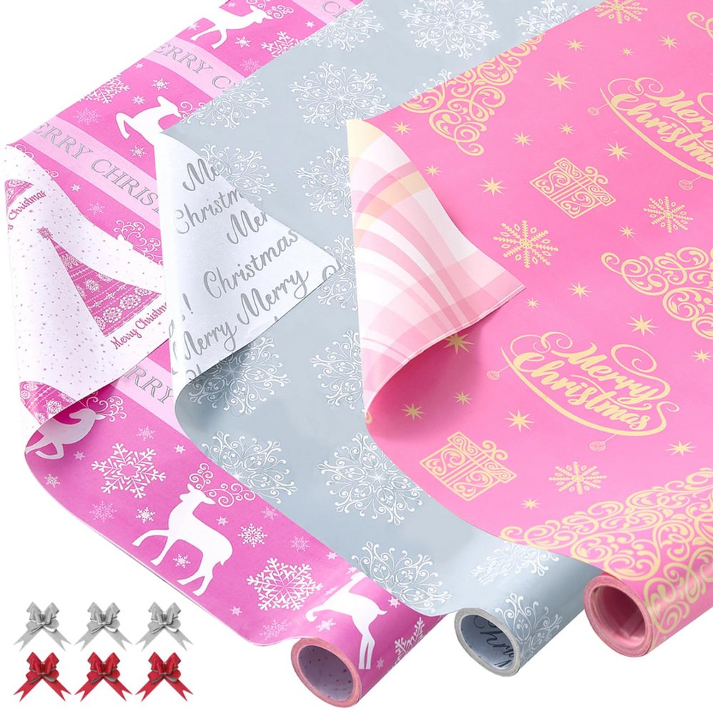 EWES Pink Christmas Wrapping Paper 3 Rolls Set,Aesthetic Elegant Heavy Duty Premium Princess Girls Girly Gift Wrap,Cute Reindeer,Snowflake,Christmas Tree,Silver Reversible,Total 48.6sq.ft
