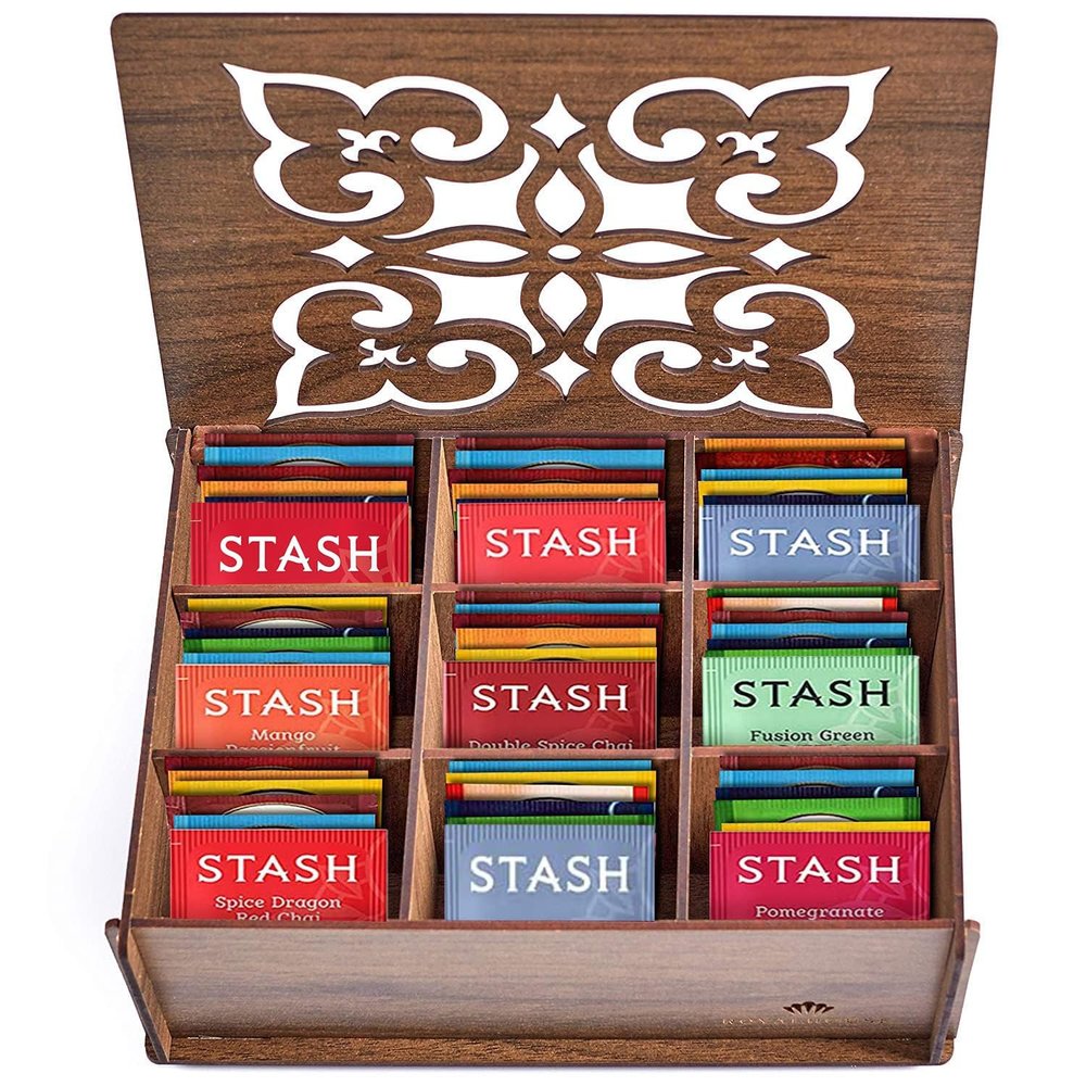 Tea Bags Sampler Gift Box 80 Count, 28 Flavors Wooden (MDF) Tea Organizer in Walnut Variety Pack for Mom, Dad, Friends, Coworkers, Students, Men & Women