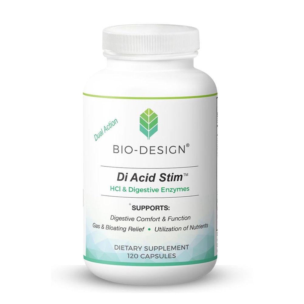 Bio-Design DiAcid Stim - Betaine Hydrochloride Acid + Digestive Enzyme Supplement - Supports Healthy Digestion of Protein, Fat, Carbs & Dairy Relief from Occasional Gas & Bloating - 120 Capsules