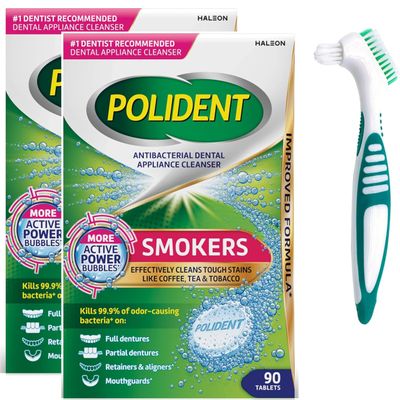 Smokers Bundle - Antibacterial Dental Cleanser Tablets, 90 Ct 2 Pack - Easily Remove Stains Plaque + Denture Brush Designed To Gently Clean Full & Partial Dentures