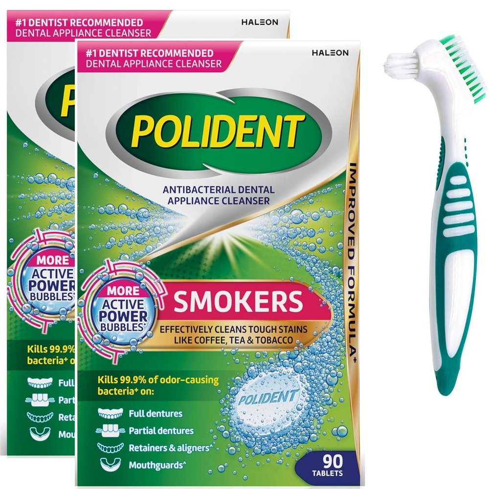 Smokers Bundle - Antibacterial Dental Cleanser Tablets, 90 Ct 2 Pack - Easily Remove Stains Plaque + Denture Brush Designed To Gently Clean Full & Partial Dentures