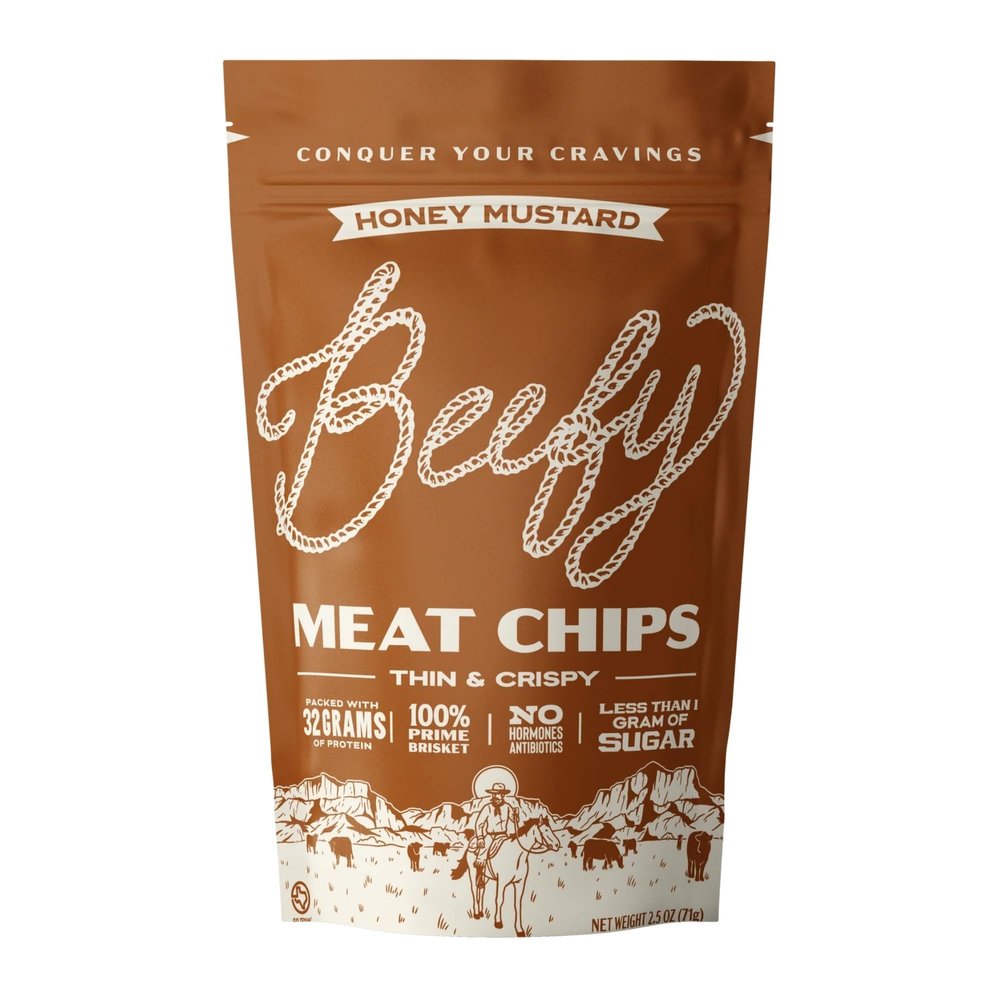 Beefy Meat Chips Honey Mustard Flavor | 13g Protein Per Serving, Prime Brisket Jerky Chips with Real Salt | High Protein Low Sugar Snack | Carnivore Diet Friendly | 2.5 oz. Bag, 1 Pack