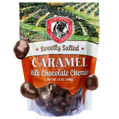 Cherry Republic Caramel Milk Chocolate Cherries, 12 oz - Sweetly Salted Caramel Candy Made with Real Michigan Dried Cherries, Handcrafted, Sweet & Tart Milk Chocolate Candy for Gifting or Snacking