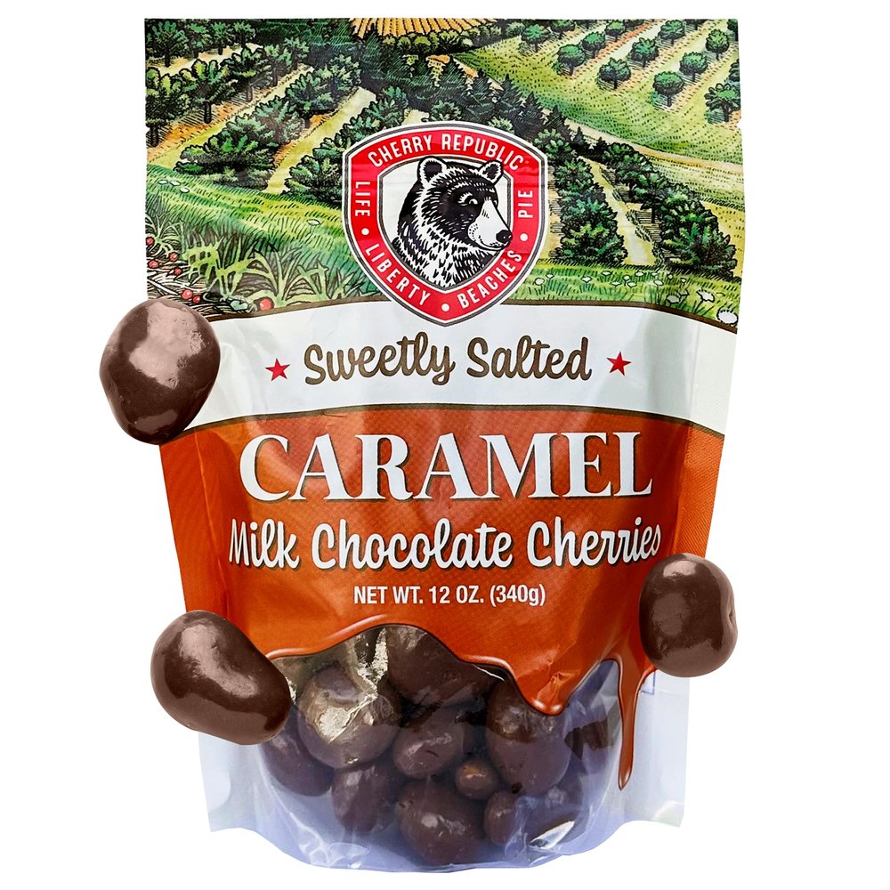 Cherry Republic Caramel Milk Chocolate Cherries, 12 oz - Sweetly Salted Caramel Candy Made with Real Michigan Dried Cherries, Handcrafted, Sweet & Tart Milk Chocolate Candy for Gifting or Snacking