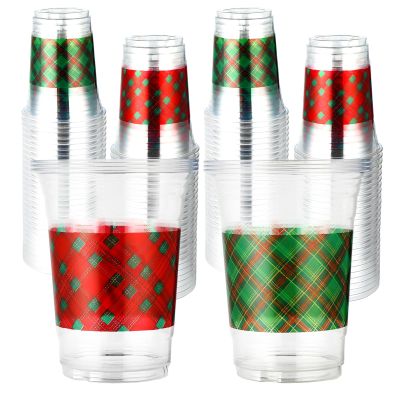 100 Pcs Christmas Plastic Cups 16 oz Xmas Red and Green Plaid Disposable Plastic Cups Christmas Clear Cocktail Glasses for Wedding Winter Candy Beverage Juice Drinking Snacks Coffee Party Supplies